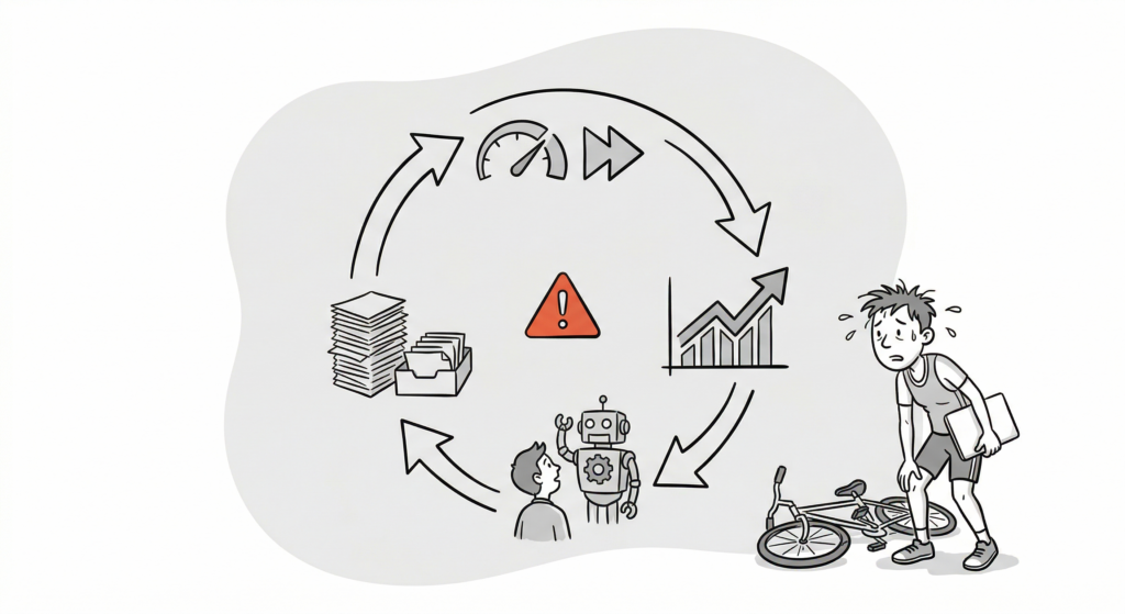 Attēlota automatizēta darbplūsma – ciklisks process, kas ietver dokumentus, ātruma un izaugsmes indikatorus, un sadarbību starp cilvēku un robotu. Cikla centrā ir sarkans brīdinājuma trīsstūris. Ārpus cikla stāv izsmelts cilvēks ar mapi rokā, blakus nokritis velosipēds, simbolizējot pārslodzi.