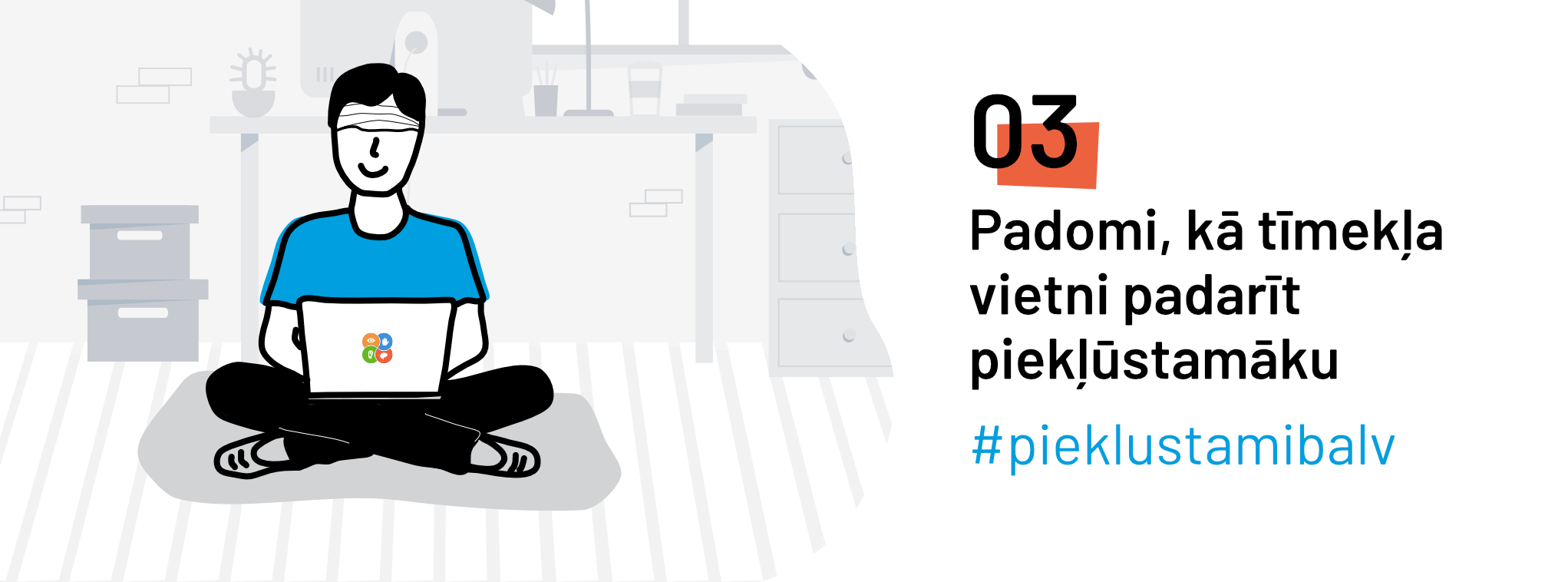 Vīrietis, kuram ir veikta acu operācija un kurš sēž pie datora