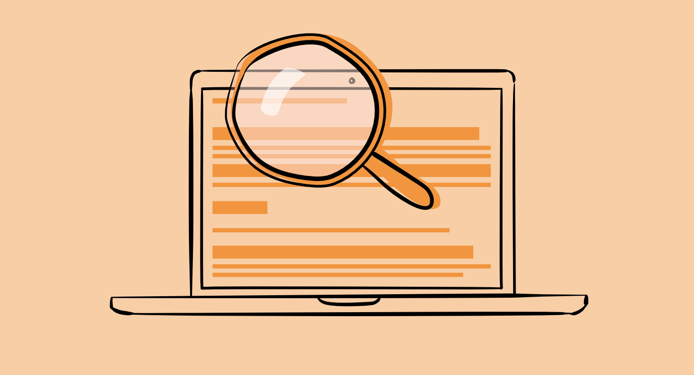 Ilustrēts portatīvais dators uz kura ir abstrakta lupa, kas simbolizē kaut kā meklēšanu un pētīšanu.