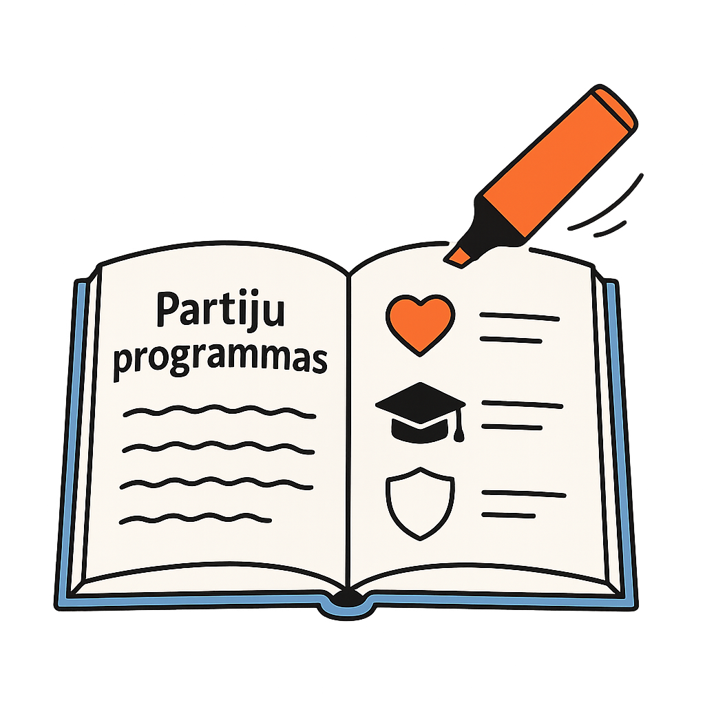 Atvērtas grāmatas ilustrācijas ar virsrakstu Partiju programmas, sirsniņu, absolventa ceouri un vairogu. Oranžs flomasters pie grāmatas.