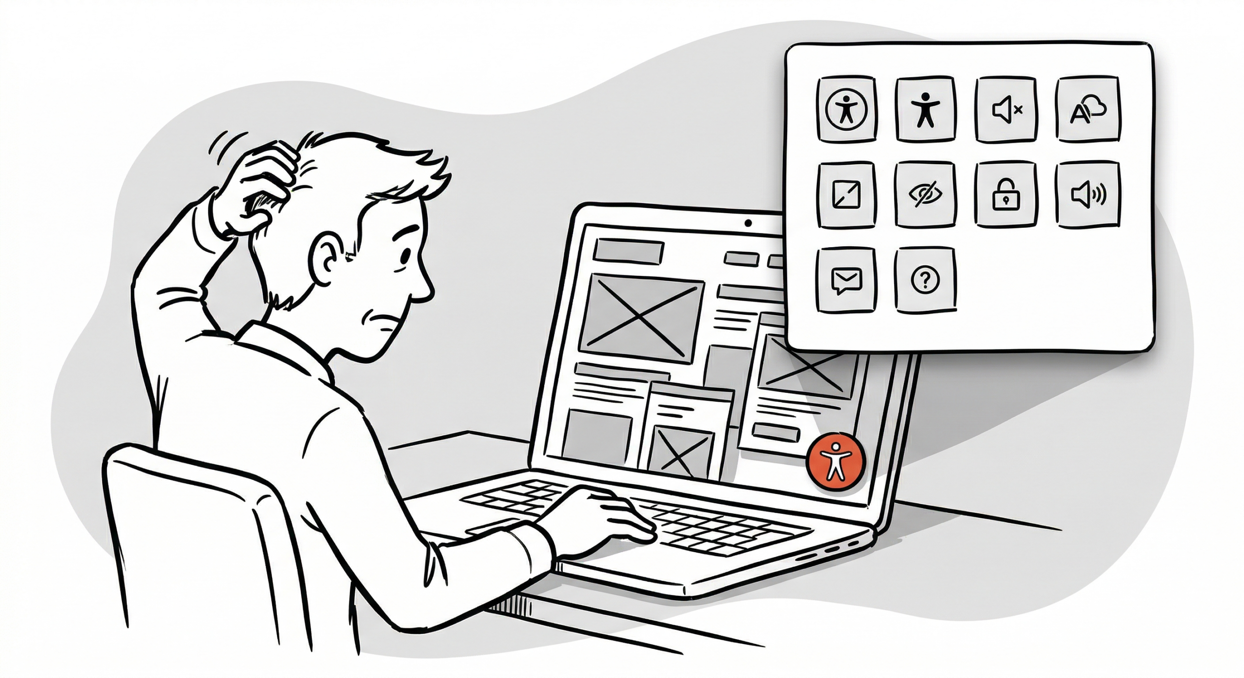 Vīrietis sajukumā kasa galvu, skatoties klēpjdatorā, kurā redzama tīmekļa lapa ar tukšiem bloka rāmjiem un lielu oranžu pieejamības ikonu. Blakus ir peldošs panelis ar daudzām piekļūstamības opciju ikonām, piemēram, skaļuma, redzamības, teksta izmēra un palīdzības simboliem.