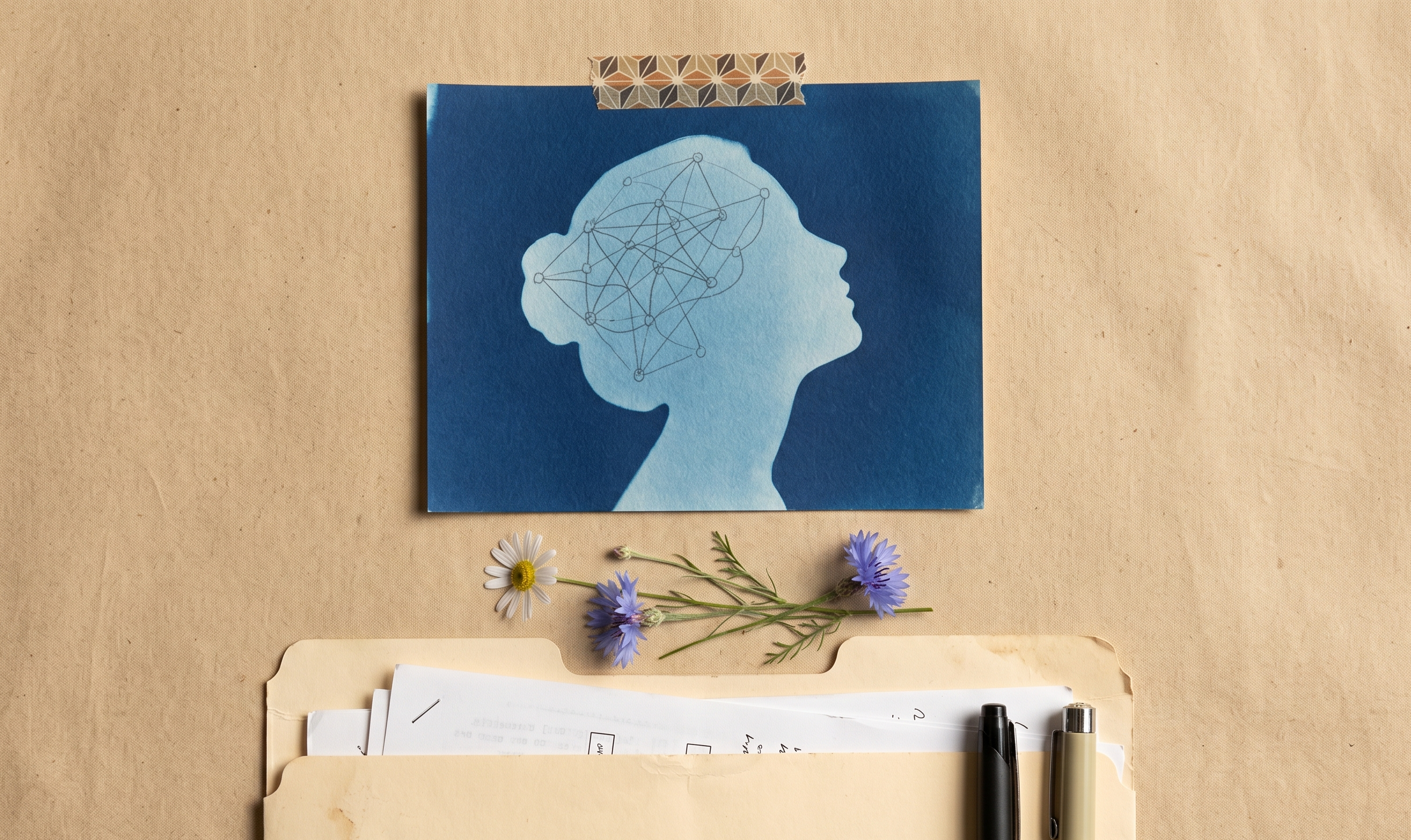 Uz smilškrāsas fona ar dekoratīvu līmlenti pielīmēts zils cianotipa attēls, kurā redzams sievietes profila siluets ar neironu tīklam līdzīgiem savienojumiem galvas iekšpusē. Zem attēla ir ziedi un atvērta biroja mape ar papīriem un divām pildspalvām.